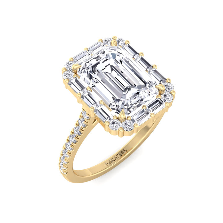 Vintage Emerald Cut Lab-Grown Diamond Engagement Ring with Sidestones Yellow Gold 18K