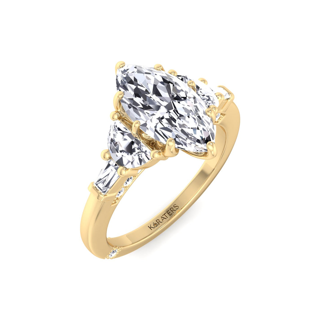 Marquise Shape Lab Grown Diamond Engagement Ring with Half Moon and Tapered Baguette Sidestones Yellow Gold 14K 