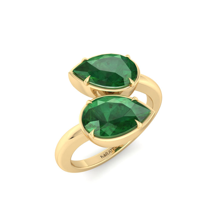 Pear Shape Green Emerald  Lab Grown Diamond Wrap Ring YG
