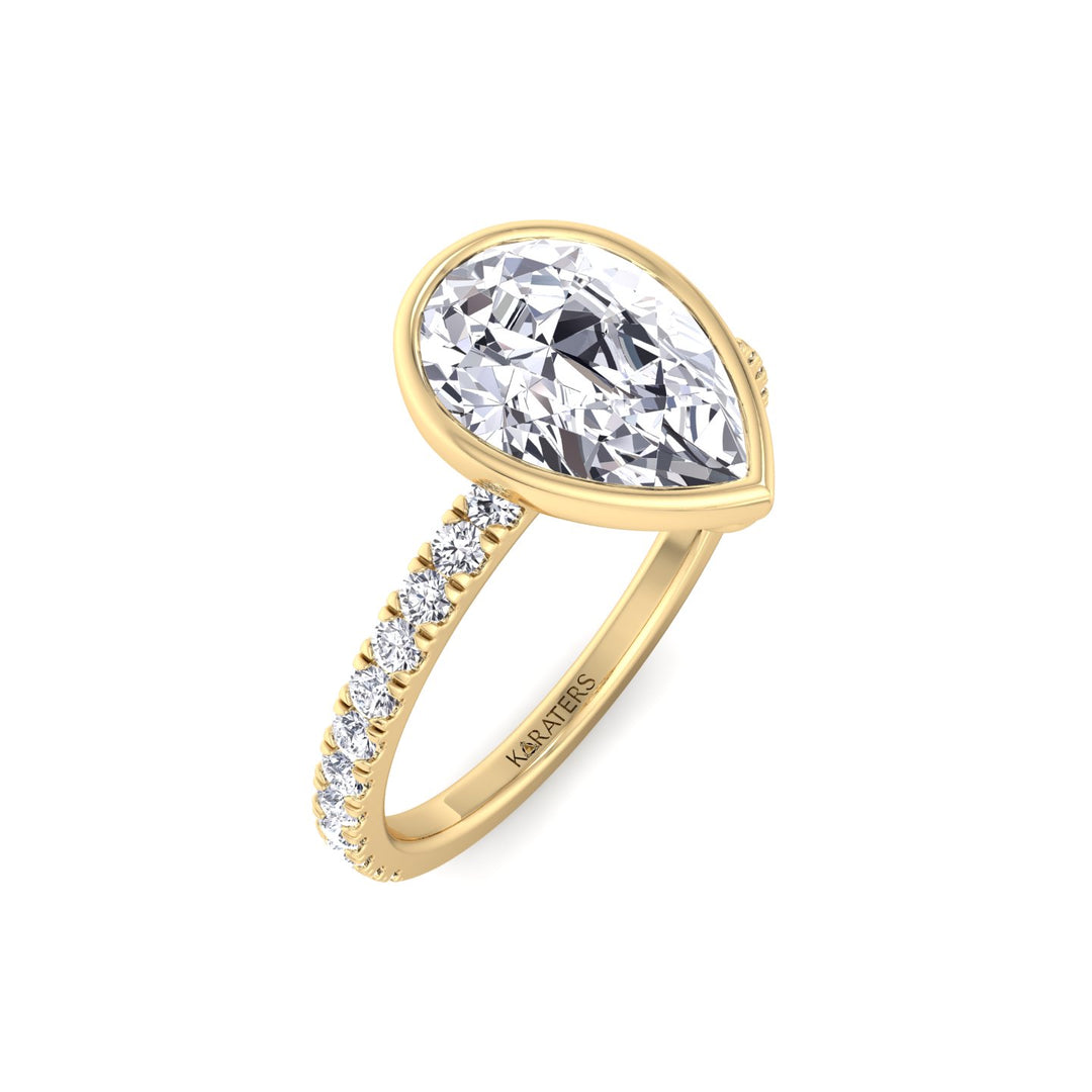 Bezel Set Pear Shape Lab Grown Diamond Engagement Ring With Pave Band Yellow Gold 18K