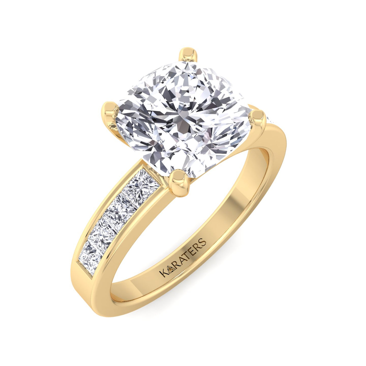 Koralle - Cushion Cut Lab Grown Diamond Engagement Ring With Princess Cut SideStones