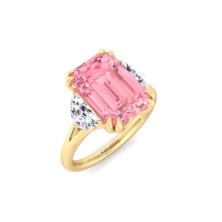 Fancy Pink Emerald Shape Lab Grown Diamond Engagement Ring with Half Moon Sidestones Yellow Gold 18K