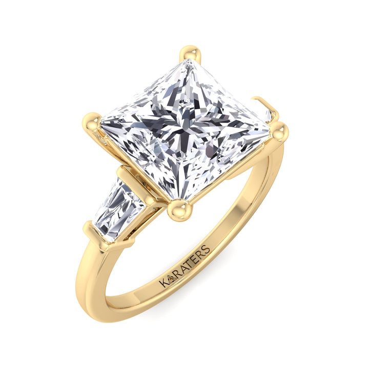 Princess Cut Grown Diamond Solitaire Engagement Ring With Tapered Baguette Sidestones
