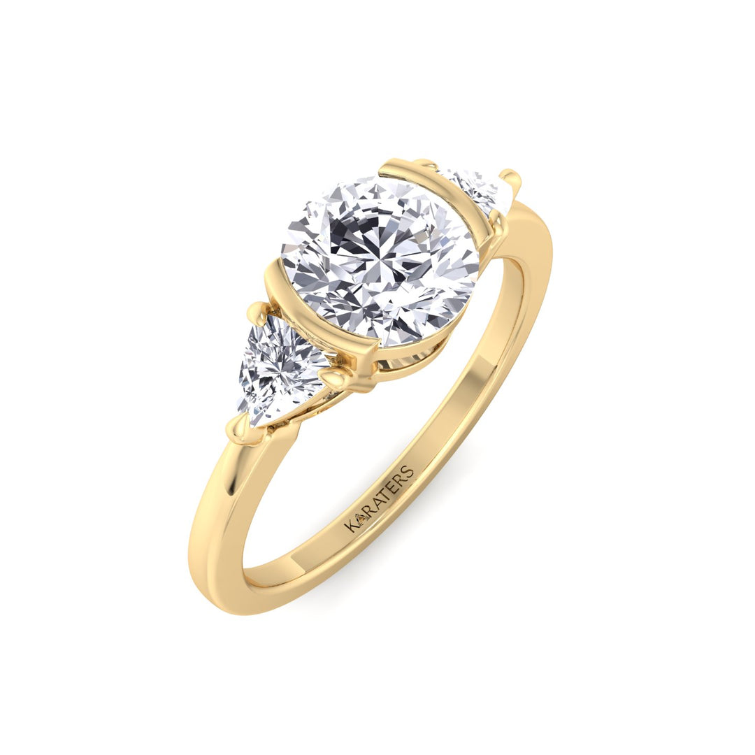 Half Bezel Round Shape Lab-Grown Diamond Engagement Ring with Trillion Sidestones Yellow Gold 18K