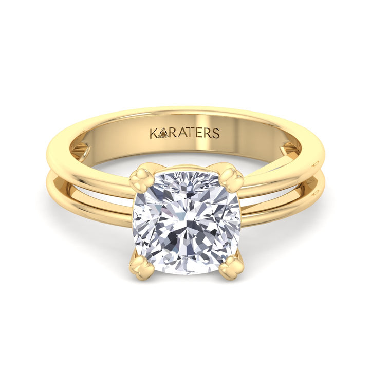Cushion Cut Solitaire Lab Grown Diamond Engagement Ring with Double Band
