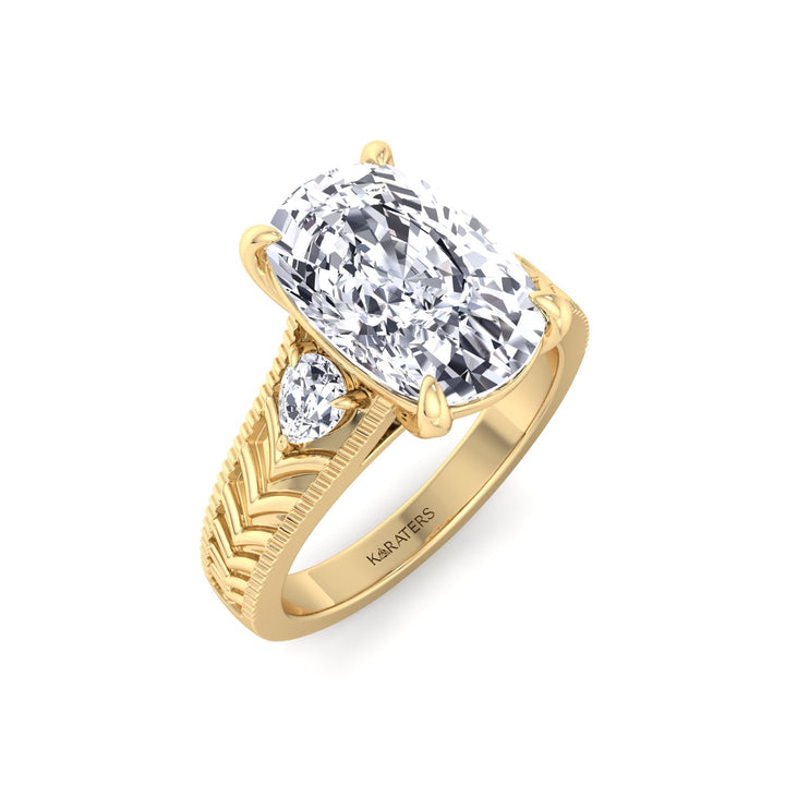 Vintage Style Elongated Cushion-Cut Lab Grown Diamond Engagement Ring with Pear Sidestones Yellow Gold  18K