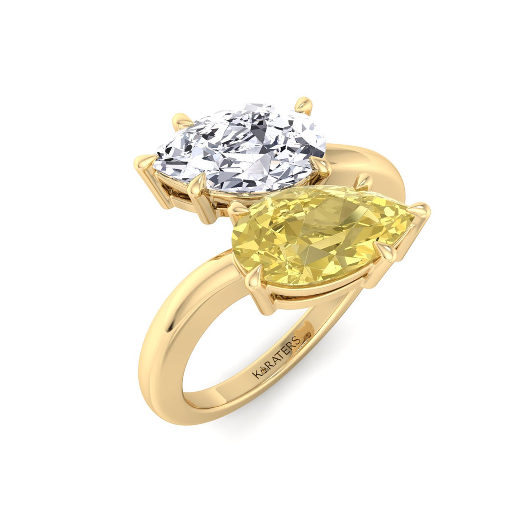 Fancy Yellow Pear Shape Lab Grown Diamond Bypass Two Stone Engagement Ring Yellow Gold  18K