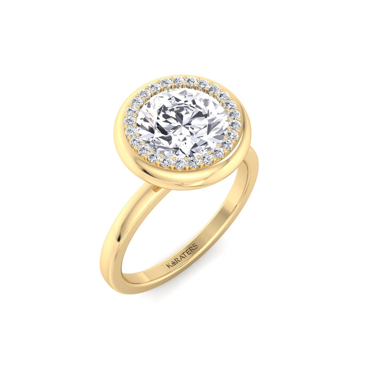 Bezel Set Round Shape Halo Lab Grown Diamond Engagement Ring Yellow Gold 18K