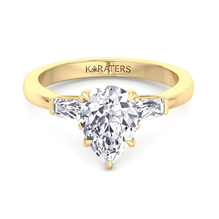 Pear Shaped Cut Lab Grown Diamond Solitaire Engagement Ring with Tapered Baguette SideStones