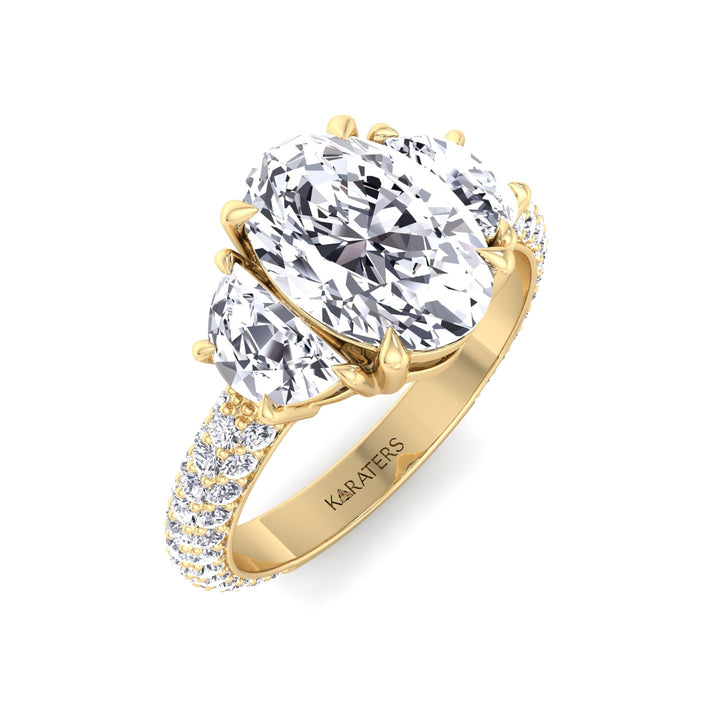 Oval and Half Moon Shape Three Stone Lab Grown Diamond Engagement Ring with Pave Band Yellow Gold 18K