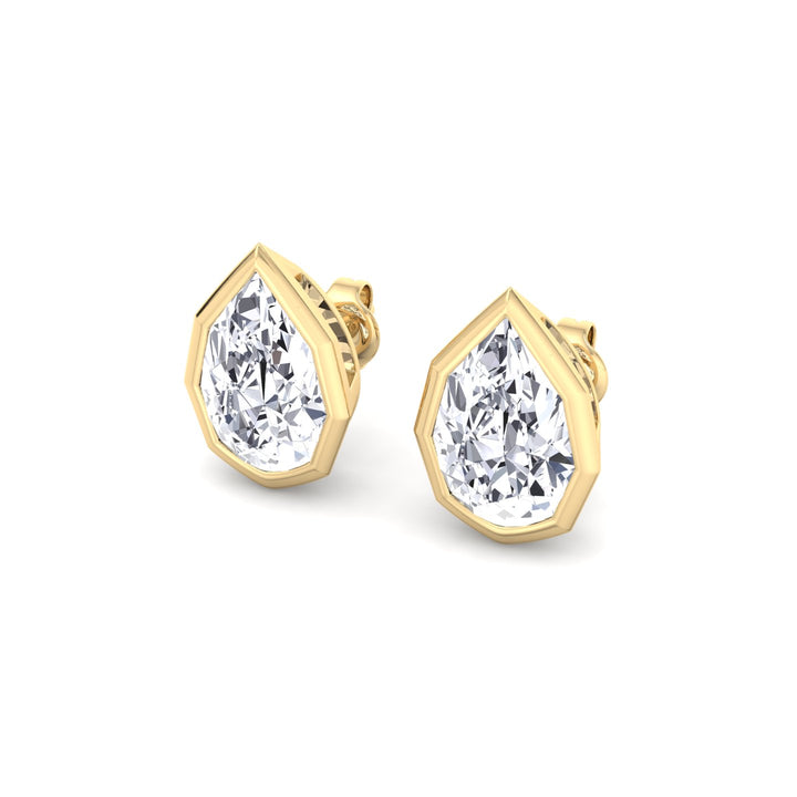 YG Pear-Shaped Lab Grown Diamond Studs in a Geometric-Style Bezel Setting slant