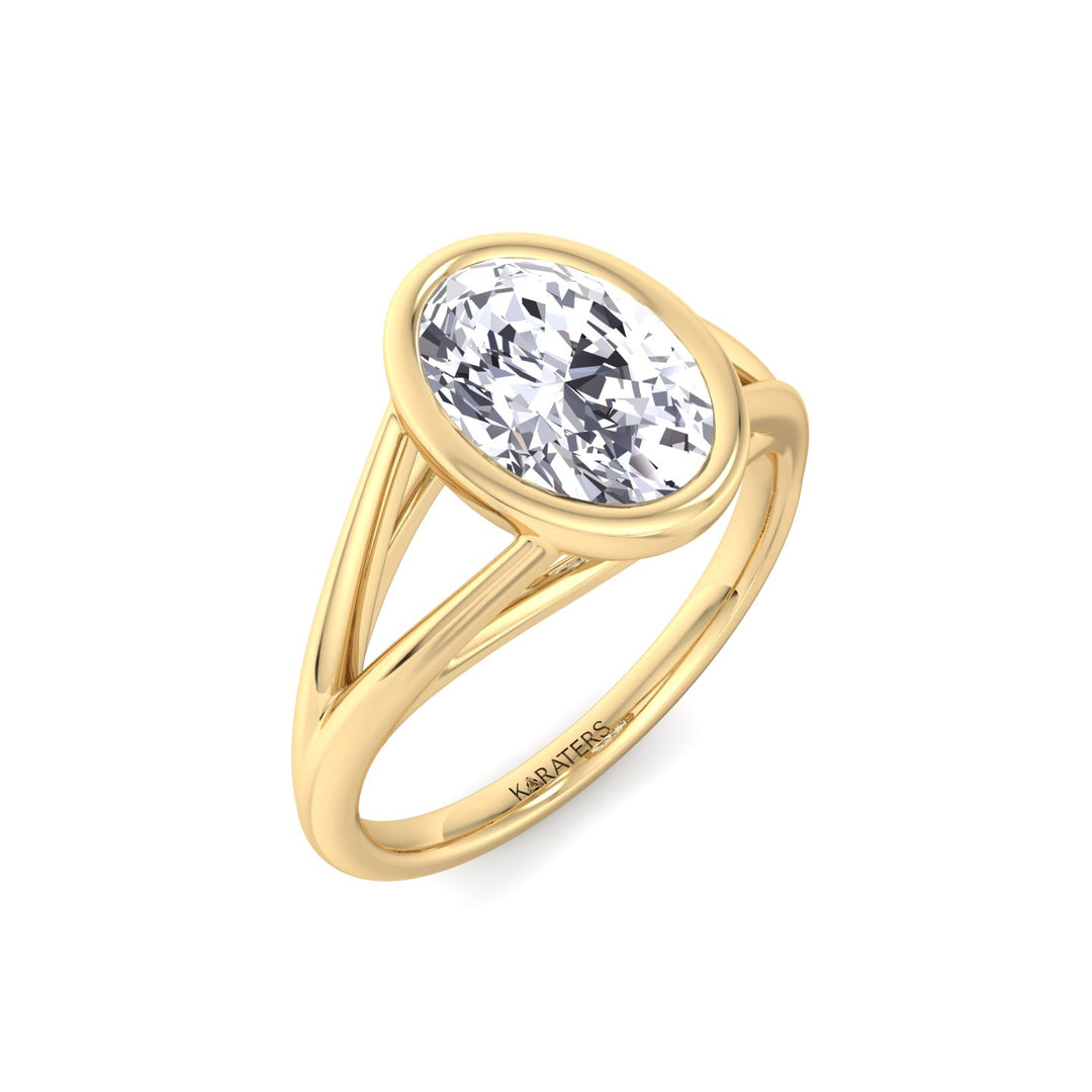 Bezel Set Oval Shape Lab-Grown Diamond Split Shank Engagement Ring Yellow Gold 18K