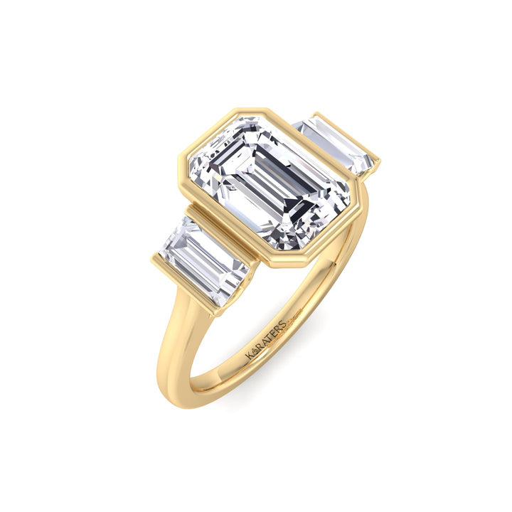 Three Stone Emerald Shape Lab Grow Diamond Engagement Ring Yellow Gold  18K