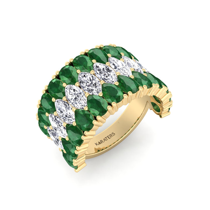 Pear Shape Green Emerald and Marquise Lab-Grown Diamond Cocktail Ring  YG 