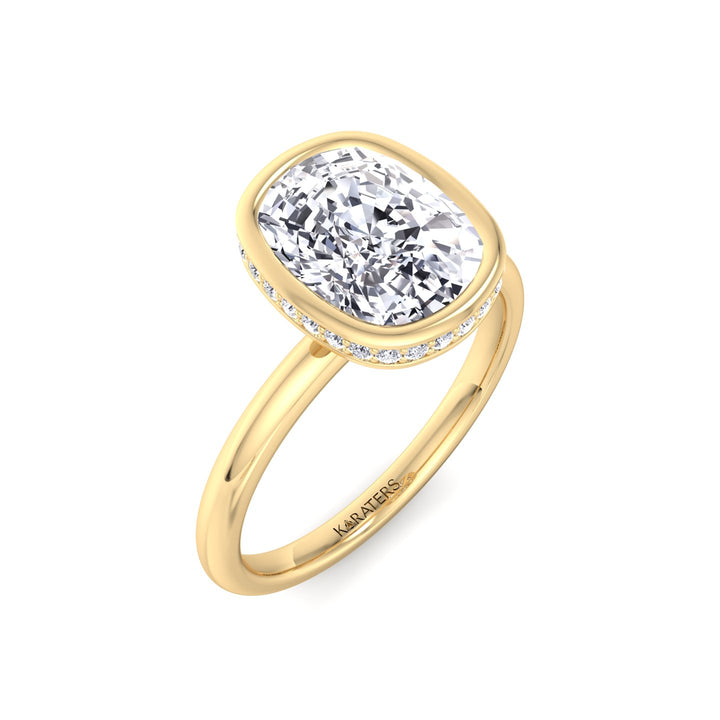 Bezel Set Cushion Cut Lab Grown Diamond Engagement Ring with Hidden Halo Yellow Gold 18K