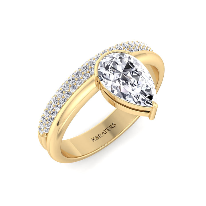 Floating Pear Shape Lab Grown Diamond Engagement Ring with Double Band Yellow Gold 18K