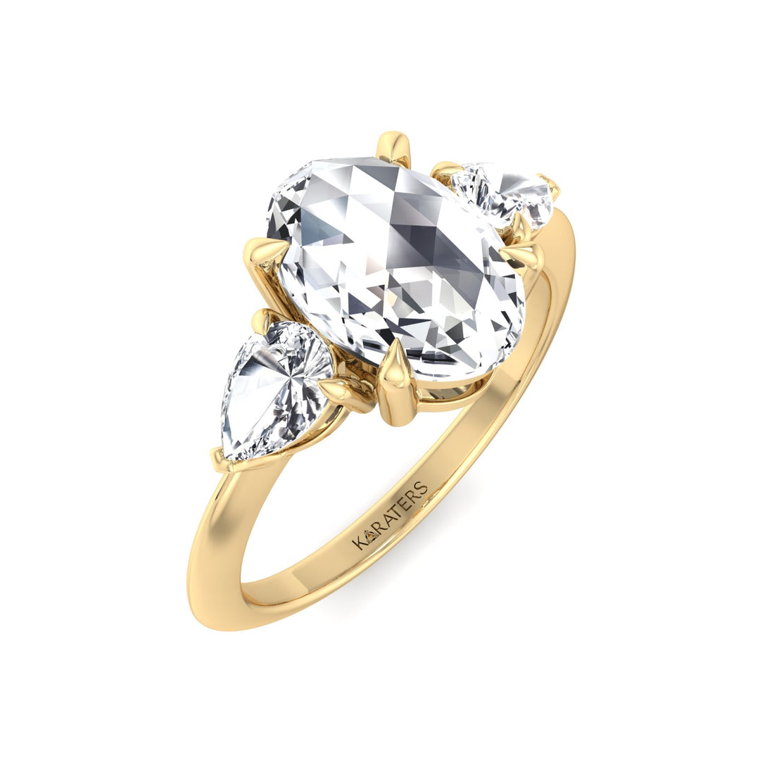 Oval Rose-Cut Lab Grown Diamond Engagement Ring with Pear Sidestones Yellow Gold 18K