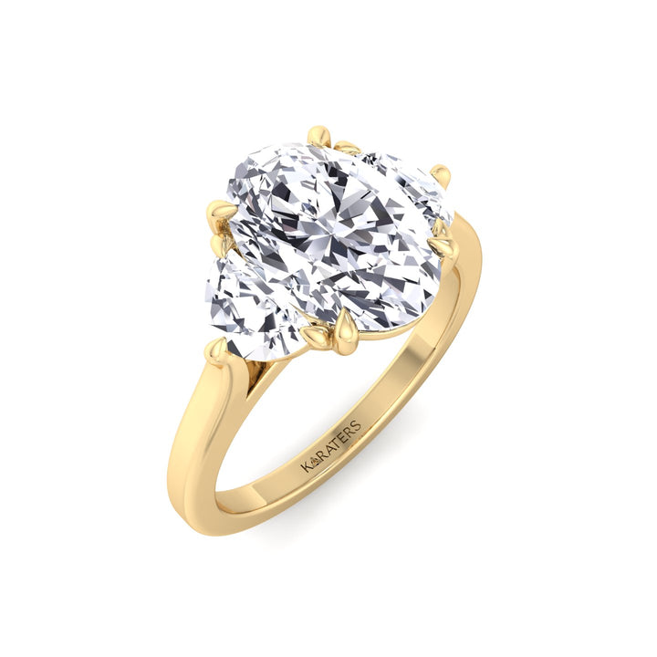 Oval Shape Lab Grown Diamond Engagement Ring with Half Moon Sidestones Yellow Gold 18K