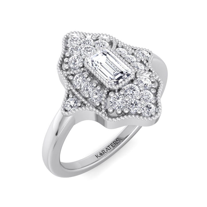 Vintage Style Emerald Shape Lab Grown Diamond Engagement Ring With Round Side Stones