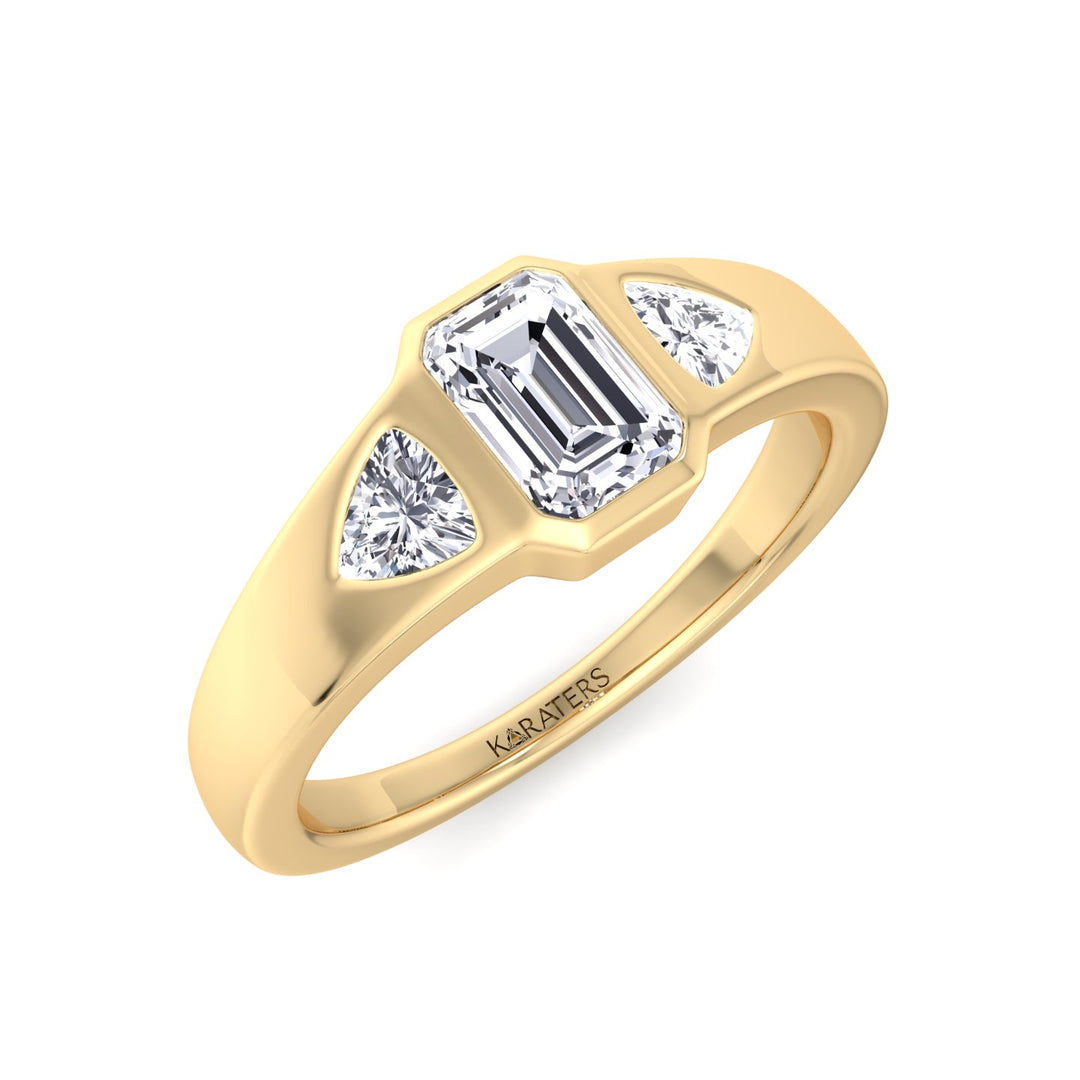 Bezel Set Emerald Lab Grown Diamond with Trillion Sidestones Engagement Ring Yellow Gold 14K
