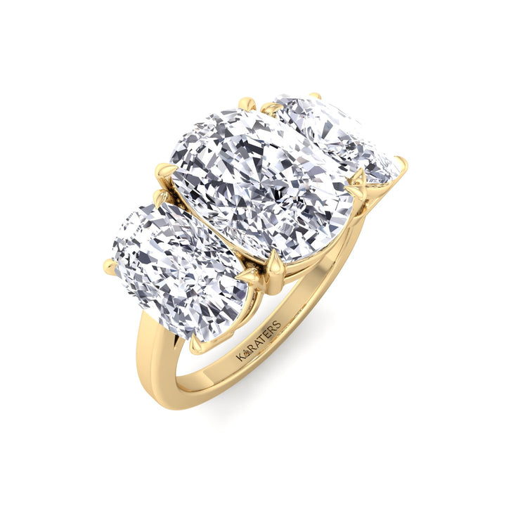 3 Stone Elongated Cushion Cut Lab Grown Diamond Engagement Ring Yellow Gold 18K