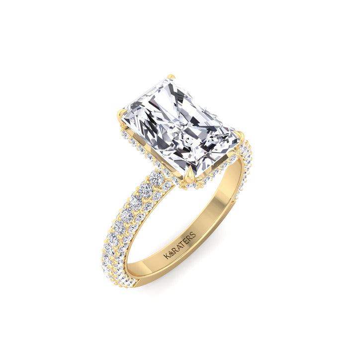 Thick Pave Radiant Cut Hidden Halo Lab Grown Diamond Engagement Ring Yellow Gold  18K