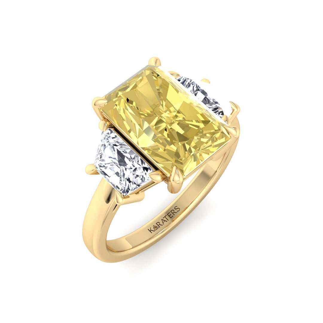 Fancy Yellow Radiant & Trapezoid Three Stone Lab-Diamond Engagement Ring Yellow Gold 18K