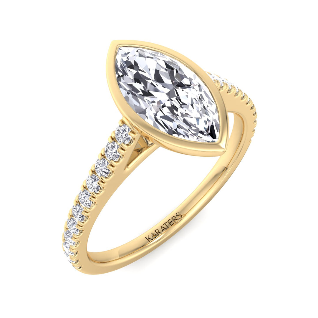 Bezel Set Marquise Shape Lab Grown Diamond Engagement Ring With Cathedral Style Pave Band