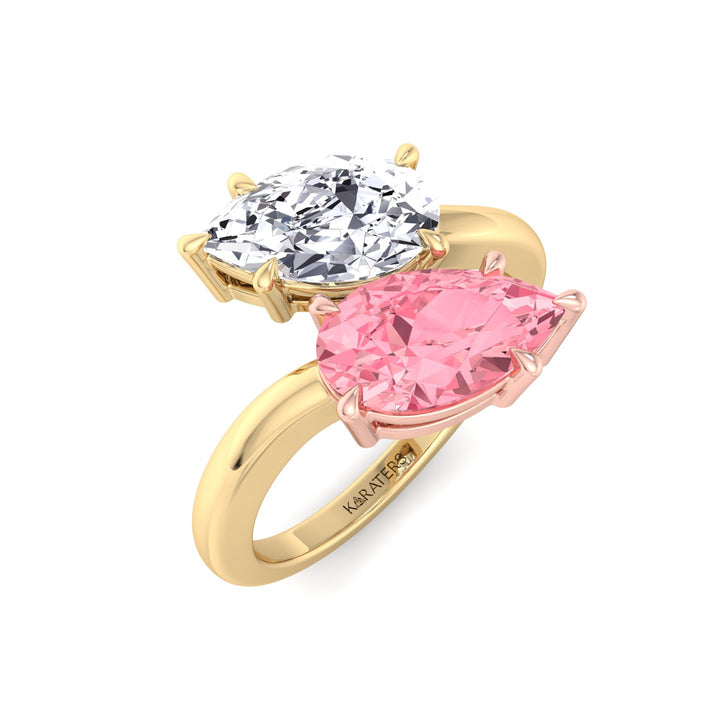 Pear Shape Bypass Ring in Fancy Pink Lab Grown Diamond Yellow Gold 18K
