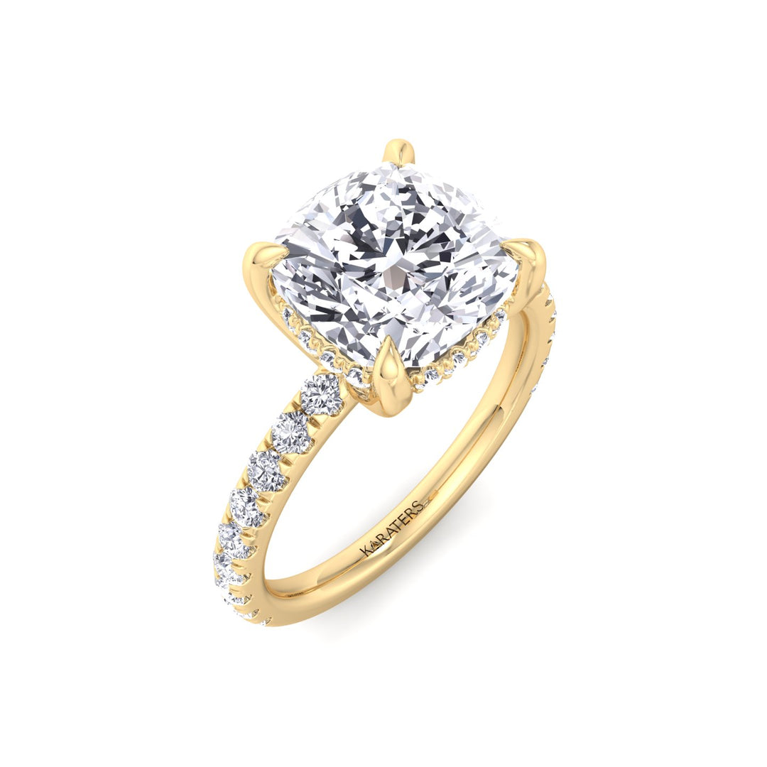 Cushion Cut Lab Grown Diamond Engagement Ring with Sidestones and Hidden Halo Yellow Gold 18K