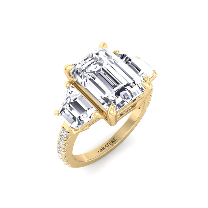 Emerald & Trapezoid Three Stone Lab-Grown Diamond Engagement Ring with Sidestones Yellow Gold 18K