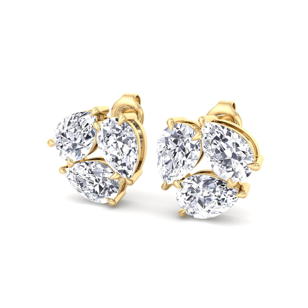 Triple Pear Shape Lab Grown Diamond Cluster Earrings Yellow Gold 14K