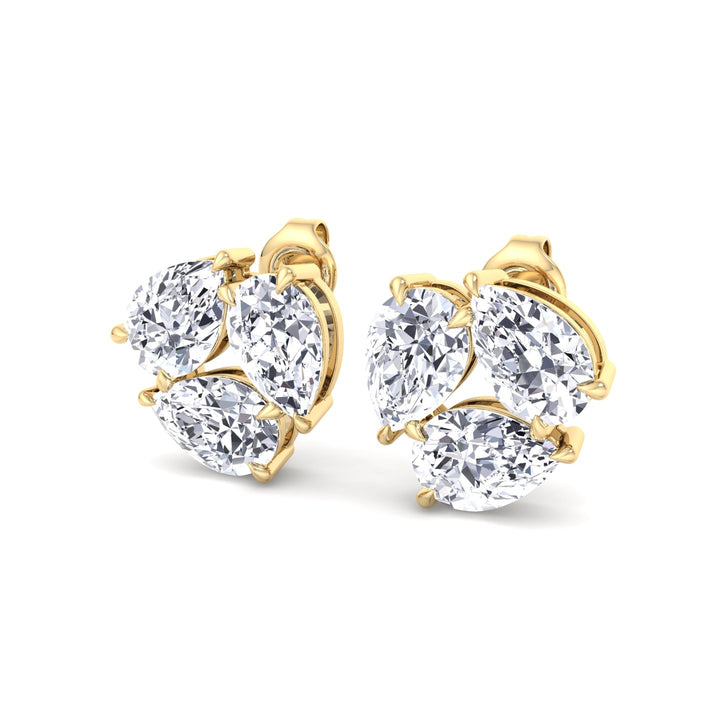 Triple Pear Shape Lab Grown Diamond Cluster Earrings Yellow Gold 14K