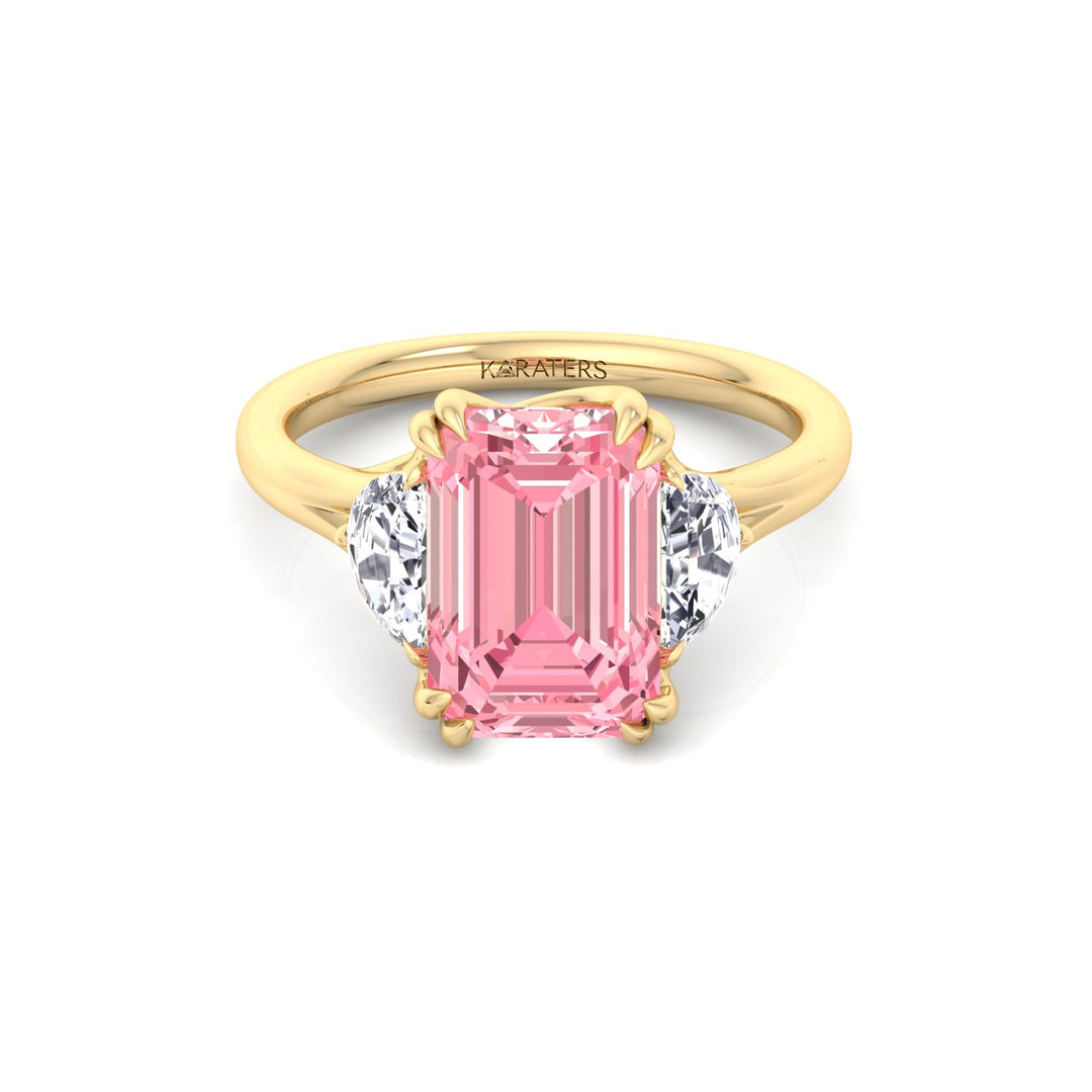 Fancy Pink Emerald Shape Lab Grown Diamond Engagement Ring with Half Moon Sidestones Yellow Gold 14K