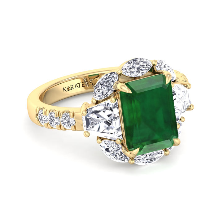 YG Green Emerald Lab Grown Diamond with Multiple Side Stone Engagement Ring flat side view