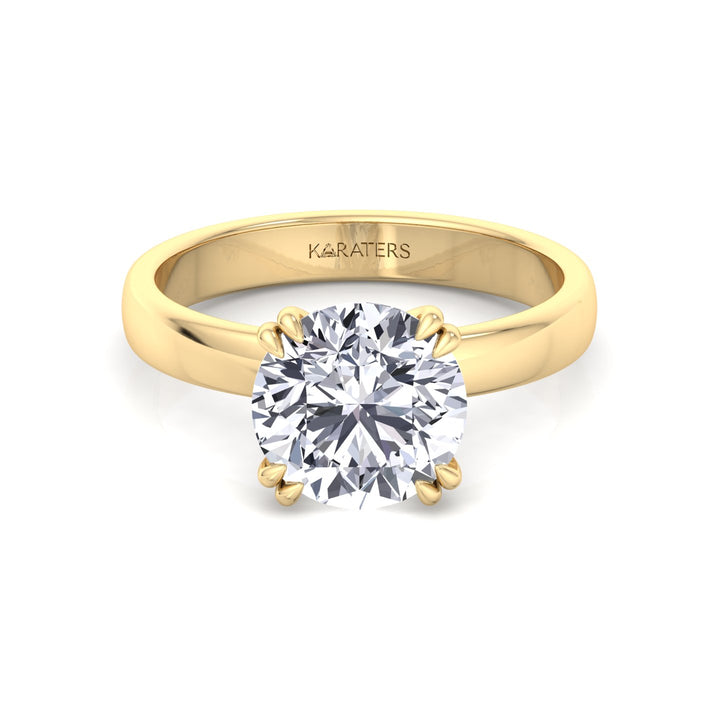 Double Prong Round Shape Lab Grown Diamond Solitaire Engagement Ring with Thick Band Yellow Gold 18K