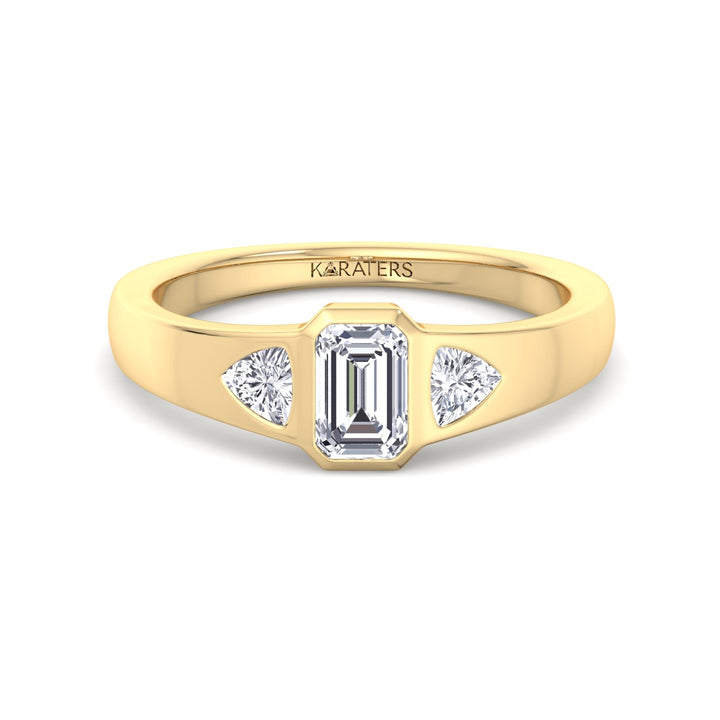Bezel Set Emerald Lab Grown Diamond with Trillion Sidestones Engagement Ring Yellow Gold 18K