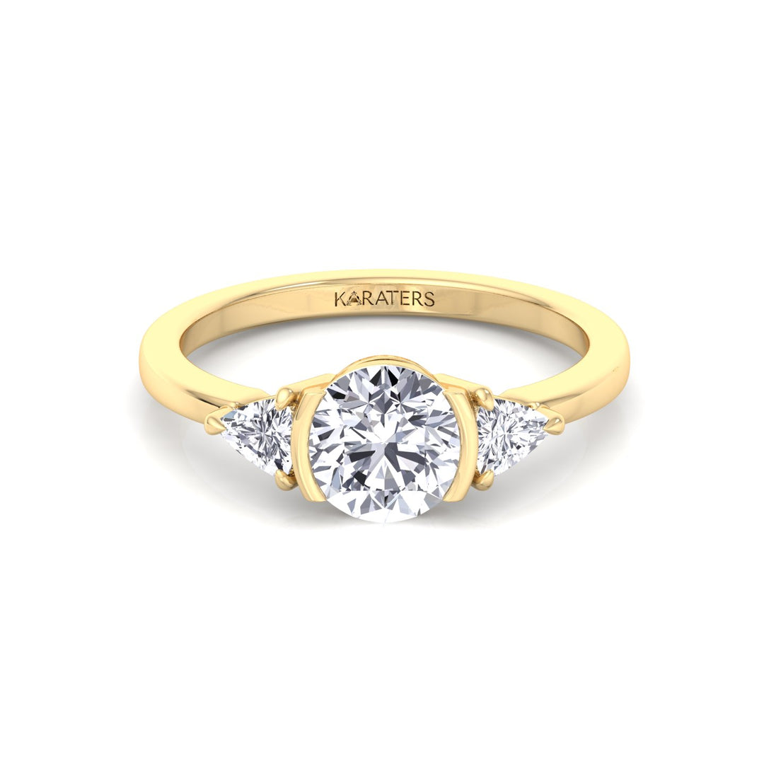 Half Bezel Round Shape Lab-Grown Diamond Engagement Ring with Trillion Sidestones Yellow Gold 14K