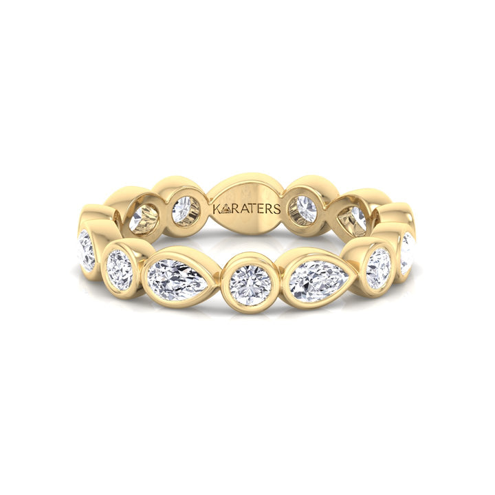 Bezel Set Round and Pear Shape Lab Grown Diamond Eternity Band Yellow Gold 14K