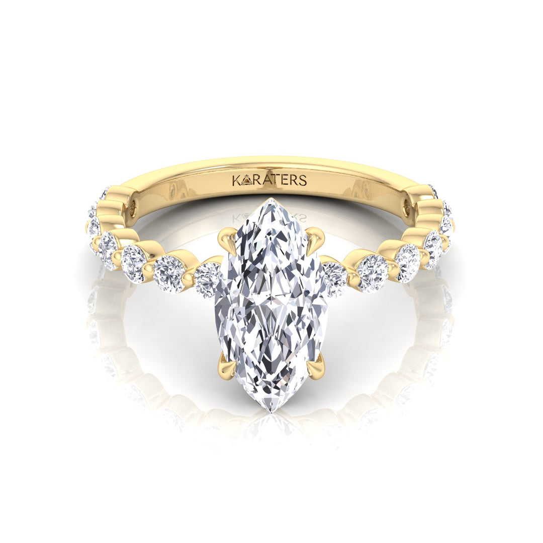 Veloma - Marquise Shape Lab Grown Diamond Engagement Ring with Round Single Prong Side Stones