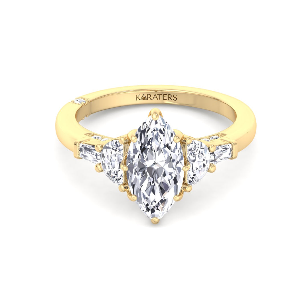 Marquise Shape Lab Grown Diamond Engagement Ring with Half Moon and Tapered Baguette Sidestones Yellow Gold 18K