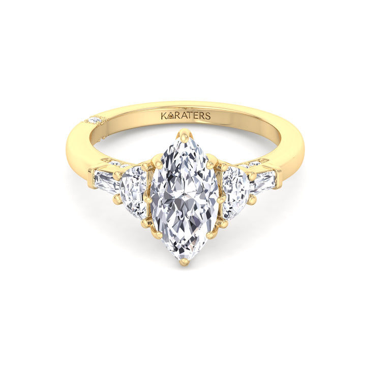 Marquise Shape Lab Grown Diamond Engagement Ring with Half Moon and Tapered Baguette Sidestones Yellow Gold 18K