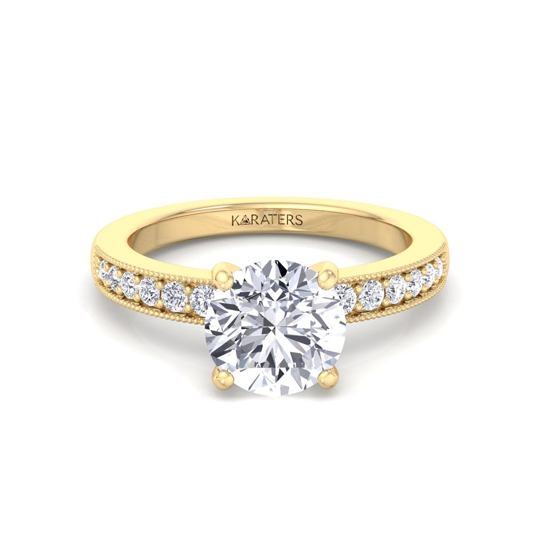 Vintage Round Shape Lab Grown Diamond Engagement Ring with Channel Set Side Stones Yellow Gold 14K 