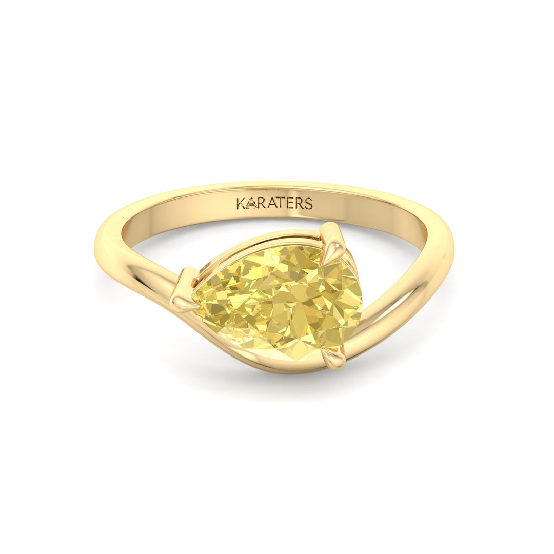 East West Pear Fancy Yellow Shape Lab Grown Diamond Curved Engagement Ring Yellow Gold 14K