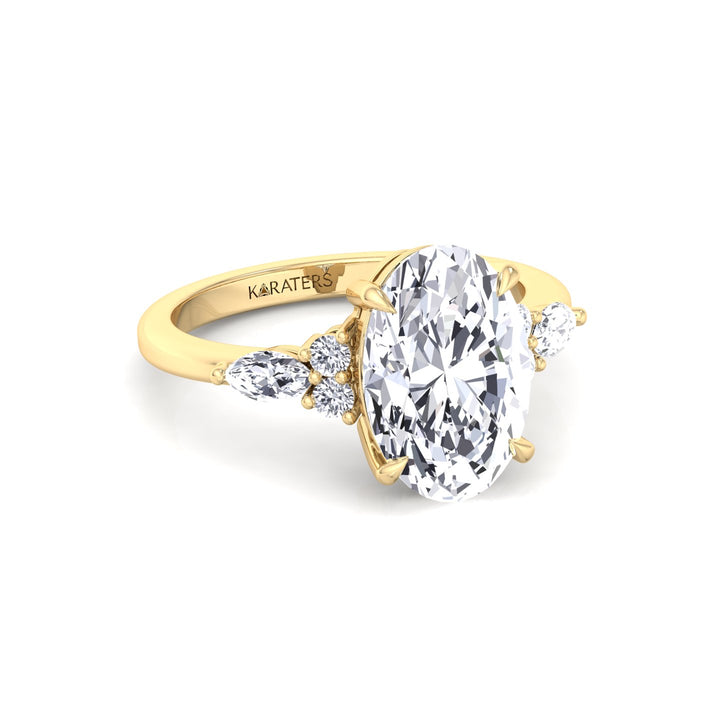 Oval Cut Lab Grown Diamond Engagement Ring with Round and Marquise Sidestones Yellow Gold 14K 