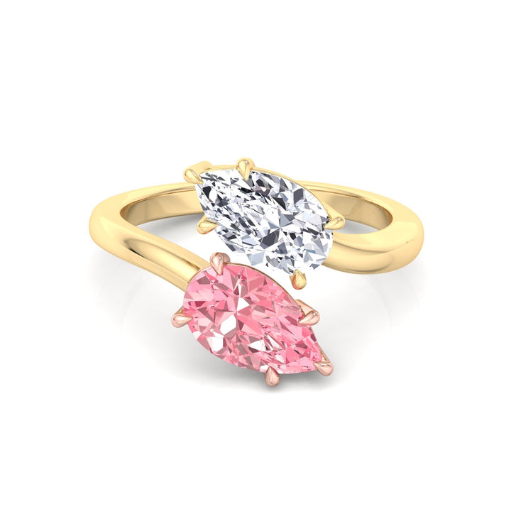 Pear Shape Bypass Ring in Fancy Pink Lab Grown Diamond Yellow Gold 14K