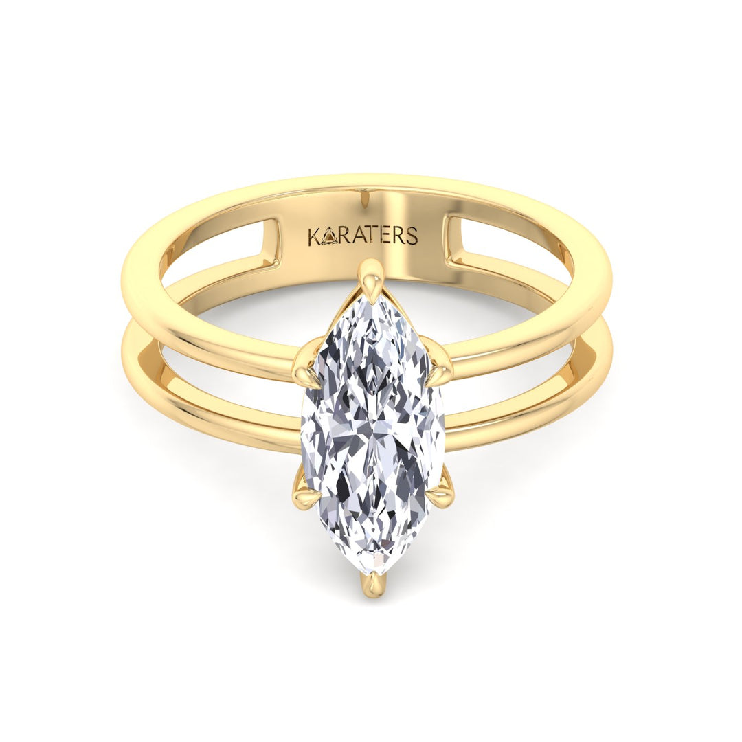 YG Marquise Cut Lab Grown Diamond with Double Band Ring front view