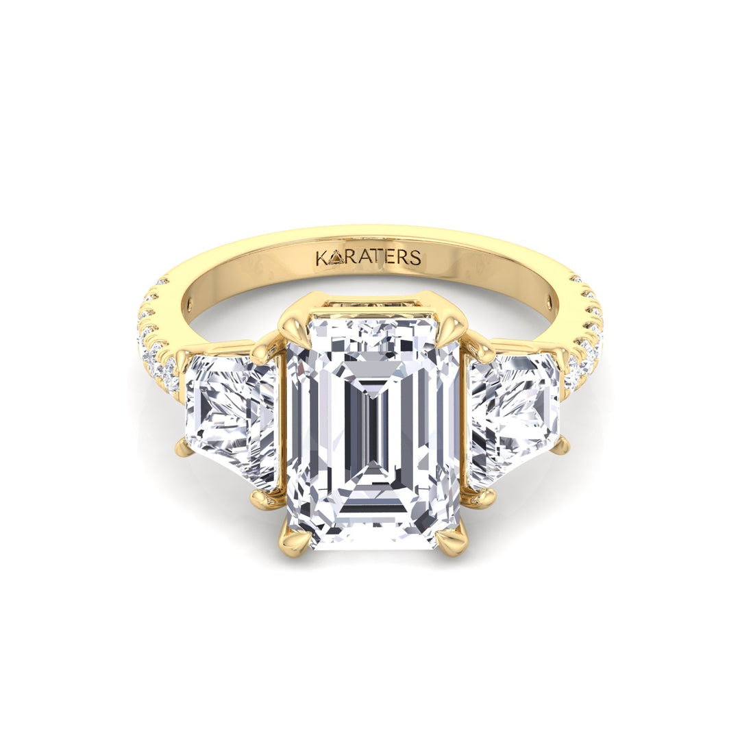 Emerald & Trapezoid Three Stone Lab-Grown Diamond Engagement Ring with Sidestones Yellow Gold 14K