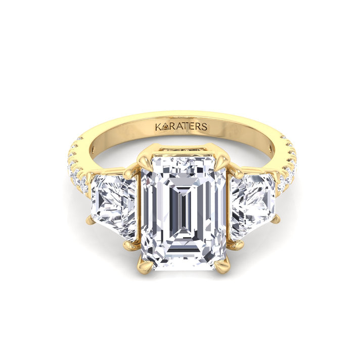 Emerald & Trapezoid Three Stone Lab-Grown Diamond Engagement Ring with Sidestones Yellow Gold 14K
