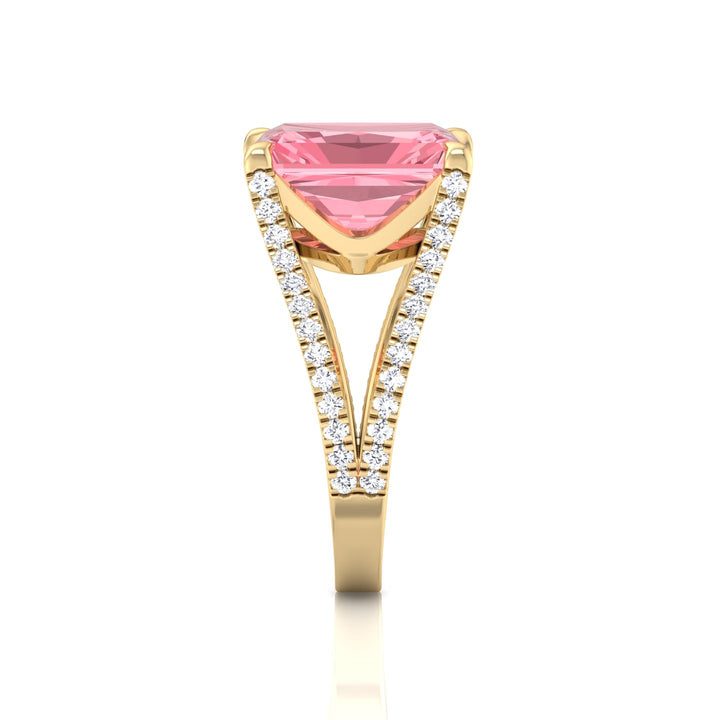 Radiant Cut Pink Diamond Lab Grown Engagement Ring with a Split Band Yellow Gold